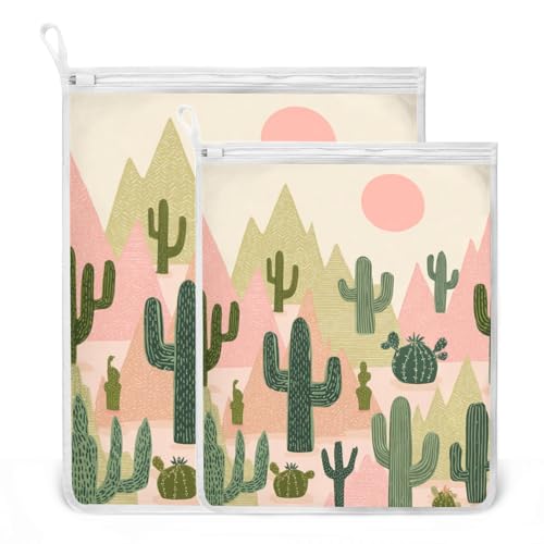 Mesh Laundry Bags Lingerie Bags for Washing Delicates 2 PCS Durable Wash Bag with Zipper Small and Medium Washable Boho Cacti Mountains Sun - color: Boho Cacti Mountains Sun