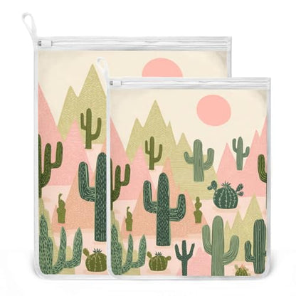 Mesh Laundry Bags Lingerie Bags for Washing Delicates 2 PCS Durable Wash Bag with Zipper Small and Medium Washable Boho Cacti Mountains Sun - color: Boho Cacti Mountains Sun