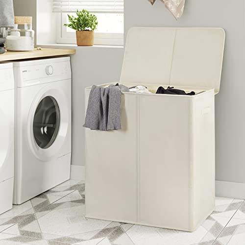 WOWLIVE 154L Double Laundry Hamper 2 Section with Lid and Removable Bags - color: Beige, size: 154l (24.8x 14.2 X 26.8 Inches)