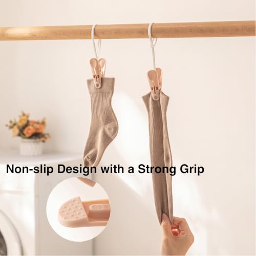 MtBoi Windproof Clothes Pins with Hanging Ropes, Heavy Duty Plastic Laundry Clips for Clothesline Drying, Multi-Purpose Closet Organizer for Baby Socks, Boots, Crafts (15, Brown) - color: Brown