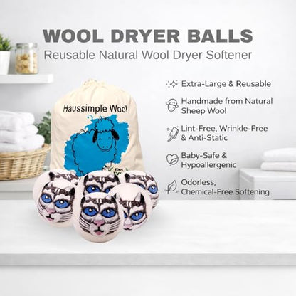Wool Dryer Balls 6-Pack 100% Natural New Zealand Wool, Handmade in Nepal Reusable Laundry Balls, Faster Drying, Softer Clothes, Anti-Static, Dryer Sheets Alternative (Gray Cat) - color: Gray Cat