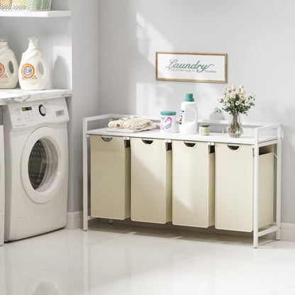 Lifewit Laundry Hamper 4 Section, 168L Pull out Laundry Clothes Basket Organizer with Large Top Shelf and 4 Removable Bags and Handles for Laundry Room Bedroom Bathroom, White with A Shelf