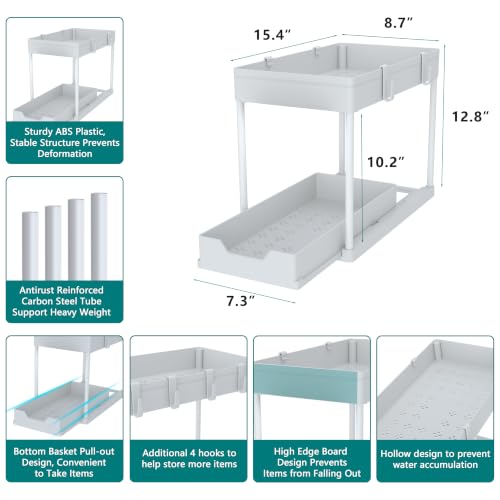 Under Sink Organizer, 2‑Tier Pull‑Out Cabinet Storage for Bathroom Kitchen - color: White