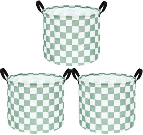 MAIZMZ 3 Pack Sage Checkered Storage Baskets Kids Hamper,Girls Room Decor,15.7"D x13.3"H, Waterproof Lining,Collapsible for Laundry, Toys, Clothes, Gift Set - color: 3 Pack Sage