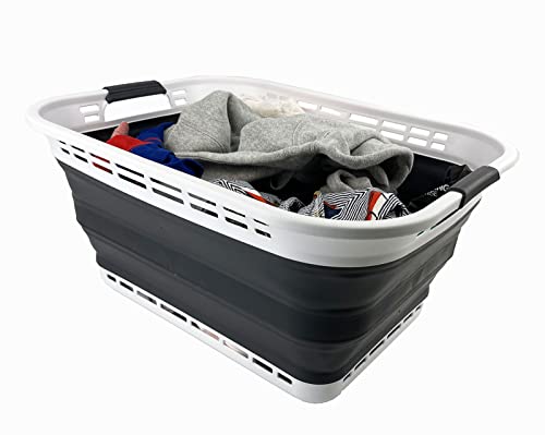 SAMMART 42L (11 Galloons) Collapsible Plastic Laundry Basket - Foldable Pop Up Storage Container/Organizer - Portable Washing Tub - Space Saving Hamper/Basket (White/Asphalt) - color: White/Asphalt