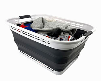 SAMMART 42L (11 Galloons) Collapsible Plastic Laundry Basket - Foldable Pop Up Storage Container/Organizer - Portable Washing Tub - Space Saving Hamper/Basket (White/Asphalt) - color: White/Asphalt