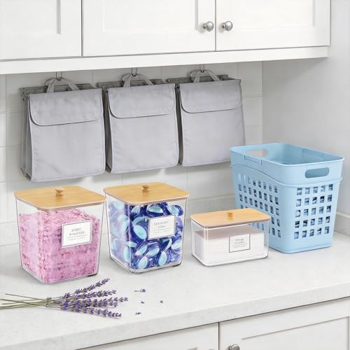 FUSHITON Laundry Pods Storage Container, 3+1 Clear Storage Bins with Bamboo Lids for Detergent Pods, Scent Beads & Dryer Sheets, Includes 16 Labels and 3 Measuring Scoops - size: 3+1 Set