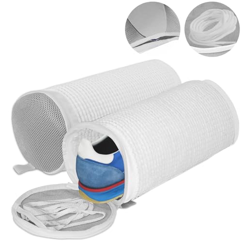 2 PCS Shoe Washing Machine Laundry Bag for Washer and Dryer, Extra Seperating Pockets for Insoles and Laces, Long Fluff, Thickened Reinforced Mesh Shoe Cleaning Bag for Sneakers, Gym Shoes/White