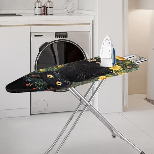 Iron Board Cover,Black Cat Flower 15x54 Inch Standard Ironing Board Cover with Elastic Edge,Home Decoration Table Top Ironing Board Cover - color: Black Cat Flower Print
