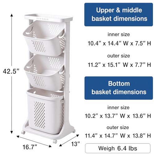 Japard 18 Gal Rolling Laundry Hamper Ultra Slim, Vertical 3 Sorter Cart with Wheels and Breaks, 3-tier Baskets Detachable for Dorm, Closet, Easy Assembly White Gray