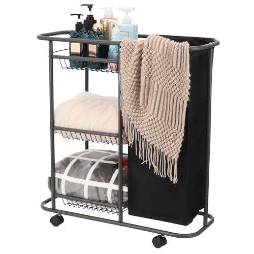 Between Washer & Dryer Laundry Cart, Narrow 3-Tier Rolling Hamper, 45L Bag - color: Black