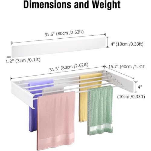 Wall Mounted Clothes Rack, Foldable Laundry Rack Folding Indoor with 5 Heavy Duty Rods, Collapsible Invisible Space Saving, Retractable Towel Hanger with Wall Template - color: White 80cm 5 Poles