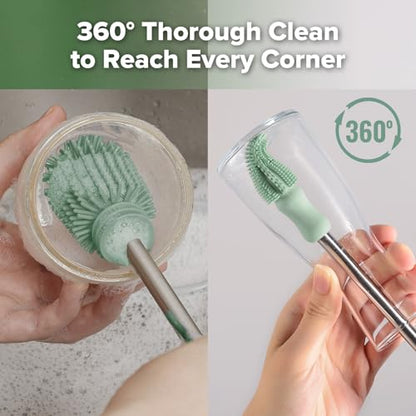 Haakaa Silicone Cleaning Brush Kit,Green,Portable Bottle Brush Cleaner - color: Pea Green, size: 3 Piece Set