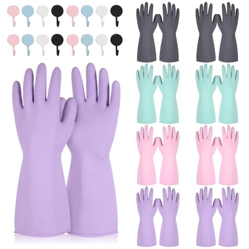 8 Pairs Dish Washing Gloves Bulk with 20 Pcs Hanging Hooks - Heavy Duty Rubber Guantes Para Lavar Platos for Kitchen & Cleaning, Non-Slip, Waterproof, Reusable Dishwashing Gloves Long Cuffs