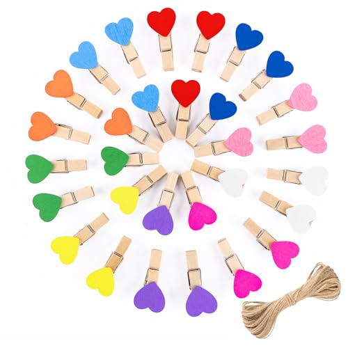 jijAcraft Clothespins with String - 50Pcs Mini Wooden Clothes Pins with Heart, 10Colors Heart Clips, 1.4Inch Small Photo Craft Clip for Baby Shower, Wedding, Birthday - color: 10colors