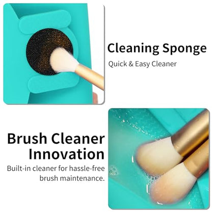 Travel Silicone Makeup Brush Holder with Cleaning Pad and Magnetic Closure - color: Ocean Blue