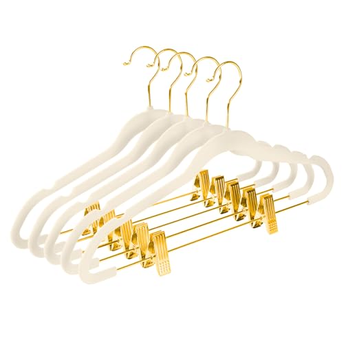MIZGI Premium Velvet Pants Hangers with Adjustable Clips (Pack of 30) Slim Skirt Hangers- Non Slip Felt Outfit Dress Hangers Ivory - Gold Hooks,Space Saving Shirt Clothes Hangers - color: Ivory/Gold, size: 30-Pack