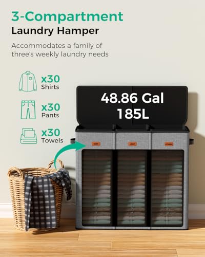 185L Laundry Hamper 3 Section with Lid & Removable Bags - color: Grey, size: 185L - 3 Section