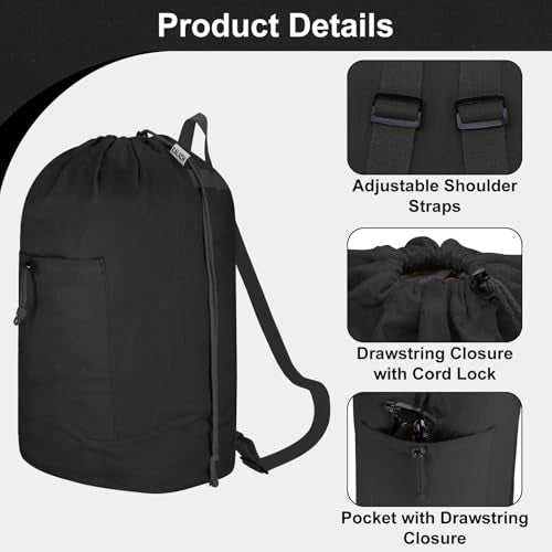 Laundry Bag Backpack, Canvas Laundry Bag with Straps & Drawstring, Black XL - color: Black, size: X-Large