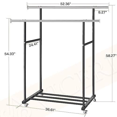 VICERII Clothes Rack, Double Clothing Rack with Wheels and Extra Wide Bottom Shelf, 52.36’’ Heavy Duty Garment Racks for Hanging Clothes, Coats, Shirts, Skirts, Dresses, 130LB Capacity, Black - color: Matte Black, size: Double