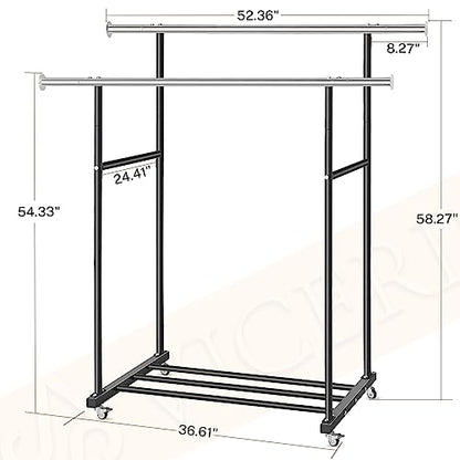 VICERII Clothes Rack, Double Clothing Rack with Wheels and Extra Wide Bottom Shelf, 52.36’’ Heavy Duty Garment Racks for Hanging Clothes, Coats, Shirts, Skirts, Dresses, 130LB Capacity, Black - color: Matte Black, size: Double
