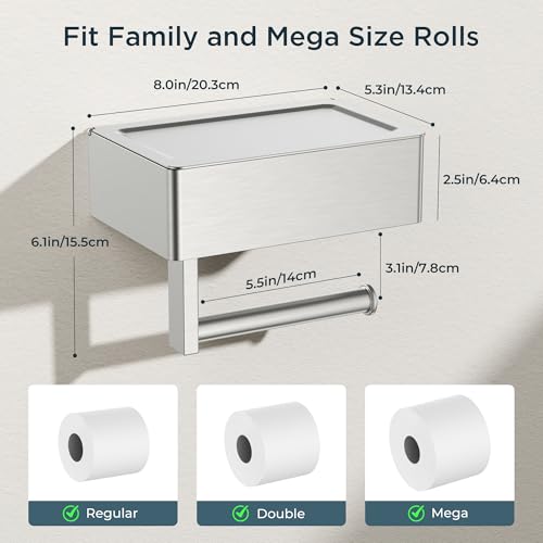 FORIOUS Toilet Paper Holder with Shelf, Wall-Mounted Modern Wipes Dispenser - color: Stainless Steel, size: Big 1 Pack-8" (L)