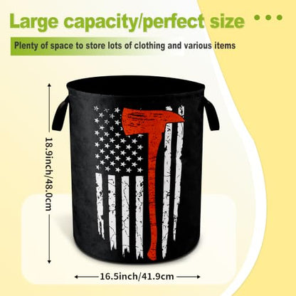 American Flag Red Line Ax Laundry Basket Foldable Waterproof 18.9x16.5 Inch - color: American Flag Red Line Ax