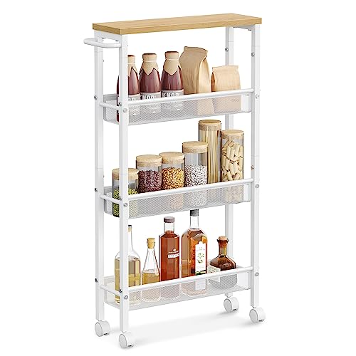 VASAGLE 4-Tier Slim Rolling Storage cart with Wheels, 5.1 Inches, Metal - color: Oak Beige + Classic White, size: 4 Tiers (5.1"D x 30.3"H)