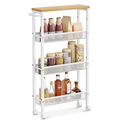 VASAGLE 4-Tier Slim Rolling Storage cart with Wheels, 5.1 Inches, Metal - color: Oak Beige + Classic White, size: 4 Tiers (5.1"D x 30.3"H)