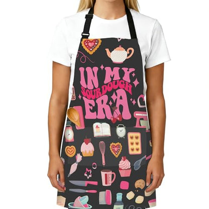 Adjustable Baking Aprons for Women - Cooking Aprons for Women with Pockets, Perfect for Baking Cooking Gradening - color: Black Sourdough