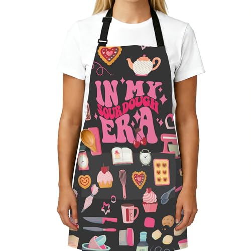 Adjustable Baking Aprons for Women - Cooking Aprons for Women with Pockets, Perfect for Baking Cooking Gradening - color: Black Sourdough