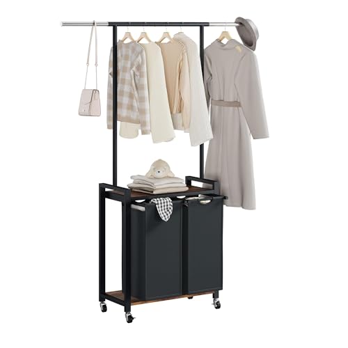 IDEALHOUSE 2-Section Laundry Sorter,Rolling Laundry Hamper with Hanging Rack & Shelf, 2× 11.7 Gal (44.3 L), Basket Organizer with Lockable Wheels,Folding Station for Bedroom, Bathroom