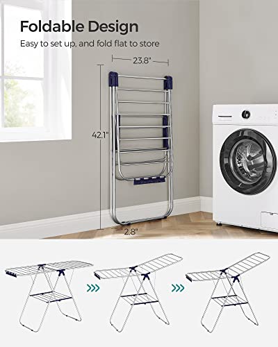 SONGMICS Clothes Drying Rack, Foldable Space-Saving Steel Laundry Rack - color: Silver + Blue, size: 1 Tier （21.7"d x 58.3"w x 39.4"h）
