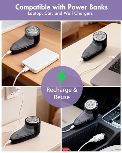 Ruidla Fabric Shaver Defuzzer, Electric Lint Remover, Rechargeable Sweater Shaver with Stainless Steel 3-Leaf Blades, Dual Protection, Removable Bin, Easy Remove Fuzz, Lint, Pills, Bobbles - color: Black