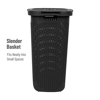 Mind Reader 60L Slim Laundry Hamper, Clothes Basket, Lid, Wicker Design, Plastic, 17.65"L x 13.75"W x 24.15"H, Black - color: Black, size: 1 Piece