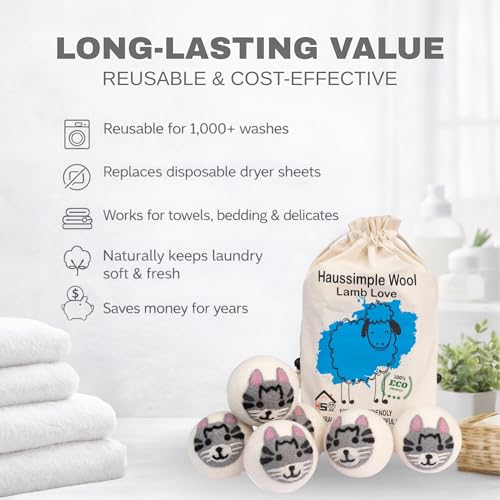 Wool Dryer Balls Organic Felt 6 Pack Laundry Fabric Softener, Extra Large Reusable Handmade Natural Sheep Wool Lint Wrinkle Free Anti Static Baby Safe (Cat) - color: Cat