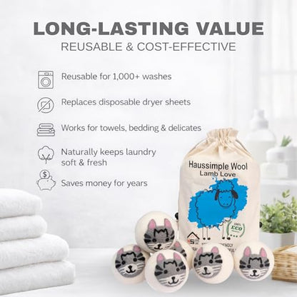 Wool Dryer Balls Organic Felt 6 Pack Laundry Fabric Softener, Extra Large Reusable Handmade Natural Sheep Wool Lint Wrinkle Free Anti Static Baby Safe (Cat) - color: Cat