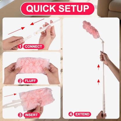 ITTAR 30 Count Duster Refill kit, Dust Cleaning Supplies with Extension Pole, Fan Feather Dusters with 2 Types Handle for Cleaning Home, Celling Fan, Blinds, Furniture, Vent & Shelves-Pink
