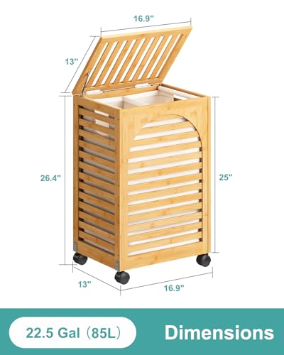 Laundry Hamper with Wheels, Laundry Basket with Lid, 22.5Gallon (85L) Bamboo Wood Clothes Laundry Hamper 2 Section with Handles, Removable Liner - color: Natural, size: Medium