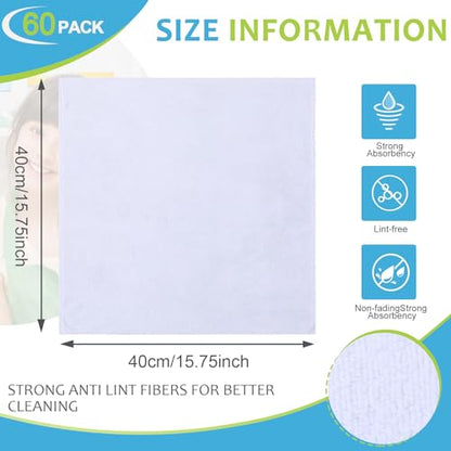 Nuenen Car Microfiber Clean Cloths, White, 16 x 16 Inch, 60 Pcs - color: White, size: 16 x 16 inches