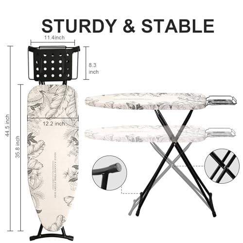 Ironing Board,Foldable Ironing Board Adjustable Height Compact Iron Board Thick Steel Tube Iron Board with Holder,Replacing Cloth Cover and Mini Handheld Gloves, Gift for Women(Leaf Print)