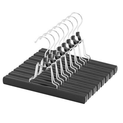 AMKUFO 12 Pack Black Wooden Pants Hangers with Clips Non Slip Skirt Hangers Trouser Clamp Hanger Solid Wood Hanger with 360° Swivel Hook - color: Black, size: 12 Pack