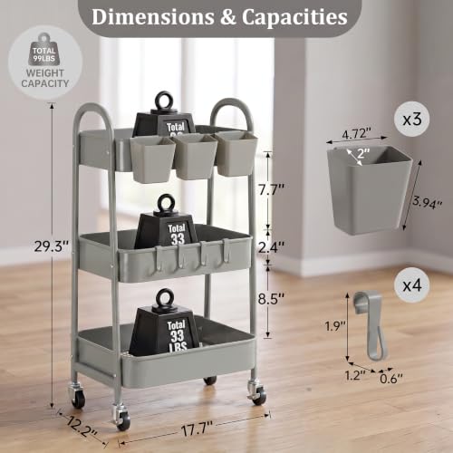 danpinera 3-Tier Rolling Cart, Metal Rolling Storage Cart with Lockable Wheels & Hanging Cups & Hooks, Mobile Trolley Cart for Kitchen, Bathroom, Office, Workshop, Gray - color: Grey, size: 3 tier
