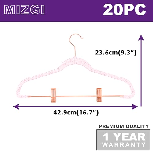 MIZGI Slim Rose Gold Glitter Pants & Skirt Hangers (20 Pack) - Adjustable Rose Gold Clips & Hooks, Pink Transparent Non-Felt, Space-Saving for Dresses, Shirts, Blouses - color: Pink Glitter/Rosegold, size: 20-Pack