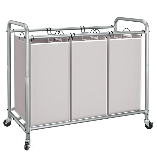 STORAGE MANIAC 3 Section Laundry Sorter, 35.6 Gal (135 L) Laundry Hamper Cart with Heavy Duty Rolling Lockable Wheels and Removable Bags, Clothes Organizer Basket Separator Hamper, Gray - color: Gray, size: 3 Section