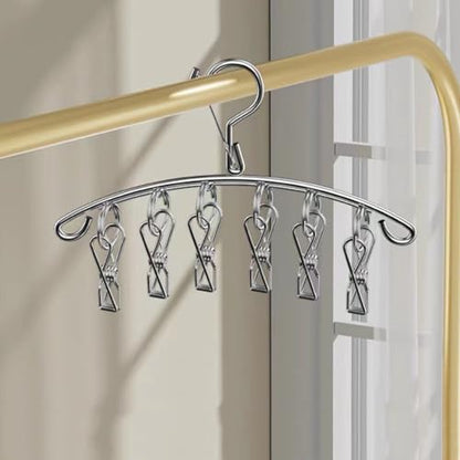1pcs Stainless Steel Clothes Drying Hanger Windproof Rack Clips Sock Laundry Airer Hanger Underwear Holder,6-Clips