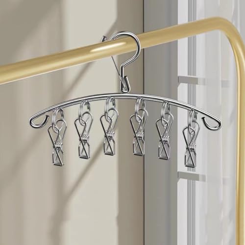 1pcs Stainless Steel Clothes Drying Hanger Windproof Rack Clips Sock Laundry Airer Hanger Underwear Holder,6-Clips