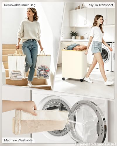 Double Laundry Basket with Wheels and Lid, 150L Clothes Hampers for Laundry - color: Beige, size: 150L