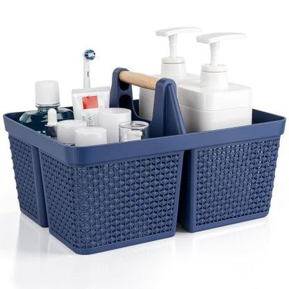 UUJOLY Portable Plastic Shower Caddy Basket with Wooden Handle, Dark Blue - color: Dark Blue