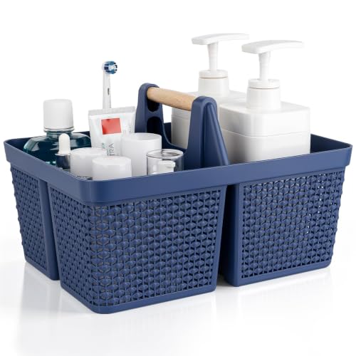UUJOLY Portable Plastic Shower Caddy Basket with Wooden Handle, Dark Blue - color: Dark Blue